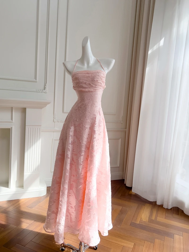 

Ele Pink Bal Beach Vaion Dr Luxury Strapl High Waist Floral Embroidery Korean Sle A-Line Midi Dr