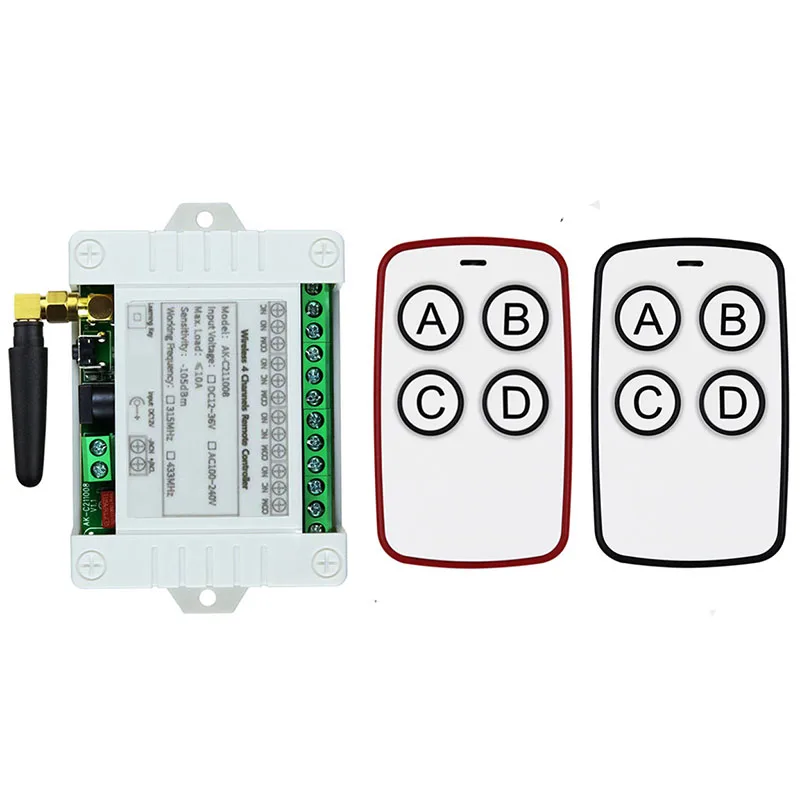 433Mhz DC 12V 24V 36V 4CH 4 Channel 10A Relay Module Receiver EV1527 Wireless Remote Control Switch 433Mhz for DC Motor DIY