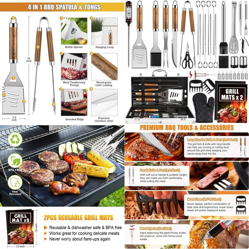 

Набор инструментов для барбекю из нержавеющей стали, 38 предметов, алюминиевый корпус, термометром и ковриками для гриля для приготовления пищи на открытом воздухе