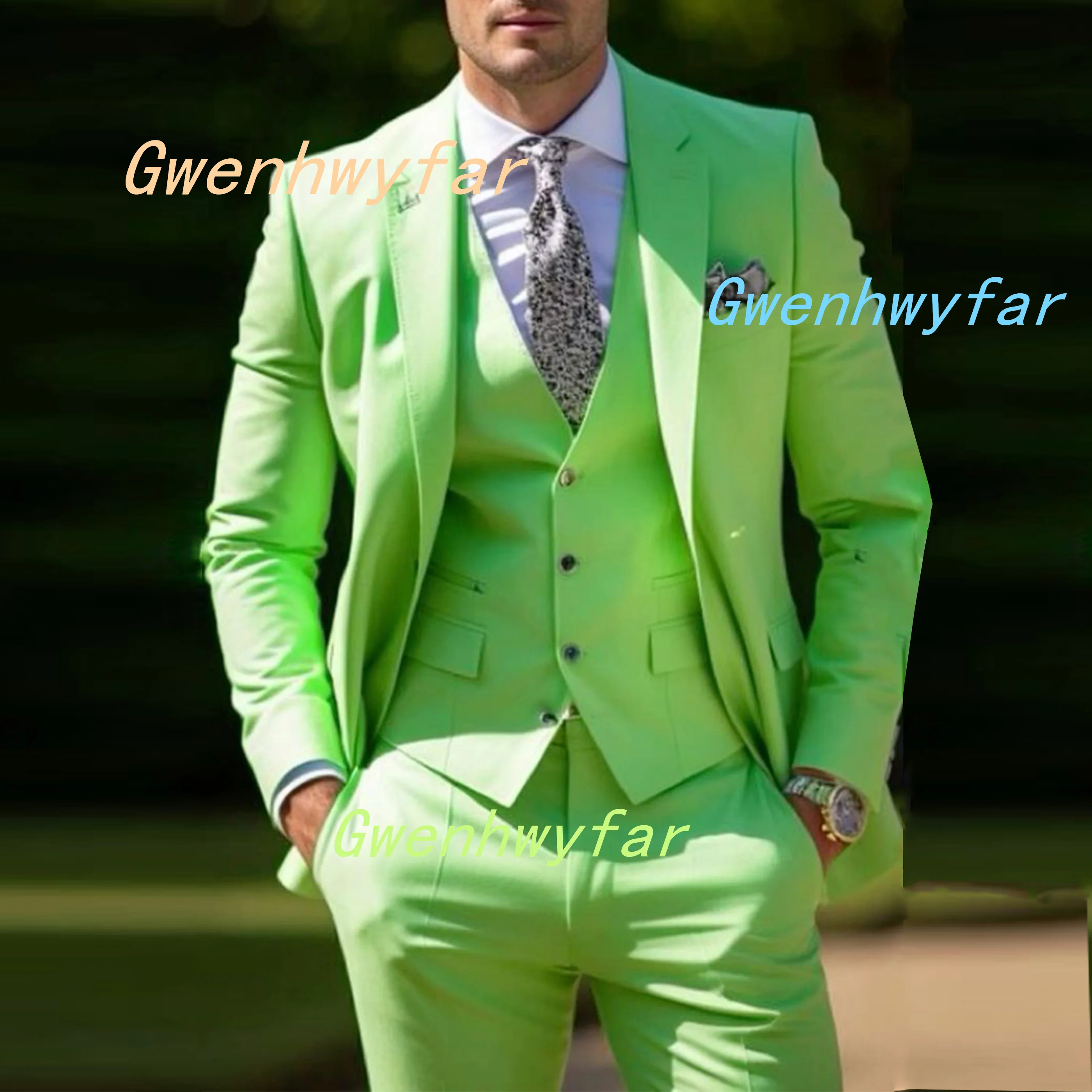 

Gwenhwyfar 2024 Ярко-зеленый мужской костюм, комплект из 3 предметов, включая пальто, жилет, брюки, смокинги для певца, костюм с лацканами с вырезом