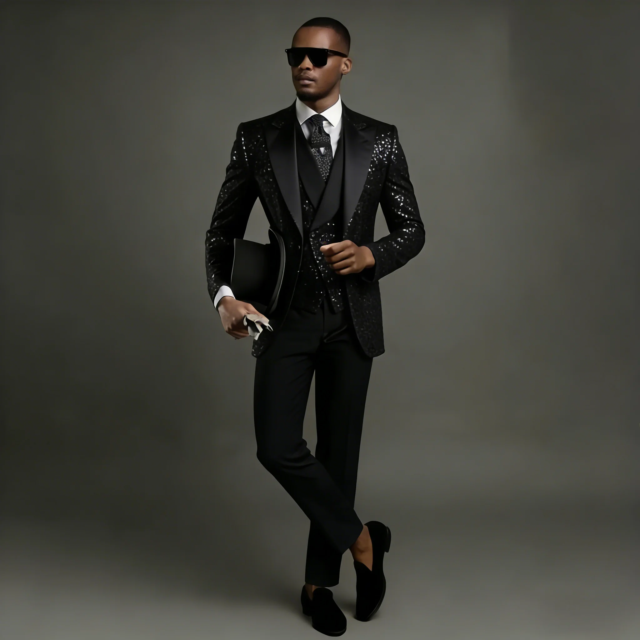 

Черный блестящий костюм с пайетками для мужчин, комплект из 3 предметов: однобортный пиджак, брюки и жилет. Костюм для жениха, вечеринки, свадьбы. Мужская одежда.