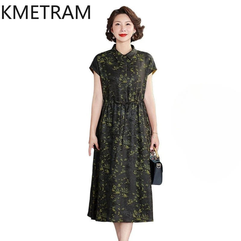 

KMETRAM 100% Mulberry Silk Dress Women High Quality Long Dresses Xiangyun Sha Summer Short Sleeve Frocks Woman Clothes Vestidos