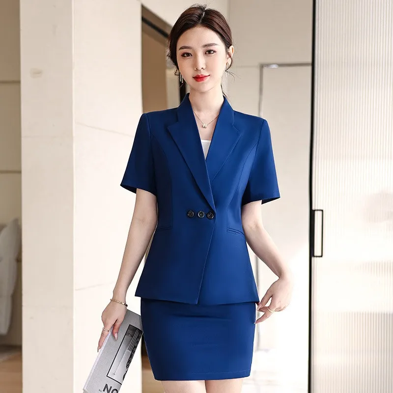 Blue Short-Sleeved Suit Suit Women's Office Clerk Work Clothes Women2024Spring Summer Slim-Fit Business Wear Skirt