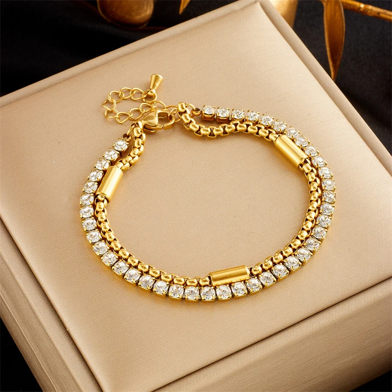 

Fashion Punk Hip-Hop Personality Versatile Cubic Zirconia Inlaid Multi-Layer Stacked Stainless Steel Chain Jewelry Bracelet ﻿