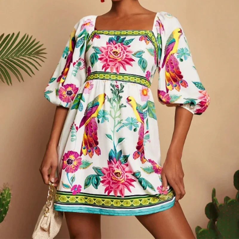 夏エスニックスクエアネック半袖ミニドレスレトロ気質ファッショナブルなプリント折りホリデードレス 2ist A ラインドレス