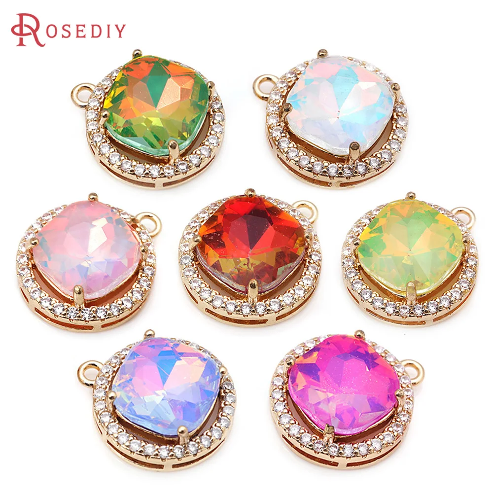 

18K Gold Color Brass Zircon Glass Round Charms Pendants Necklace Earrings High Quality Jewelry Diy Accessories