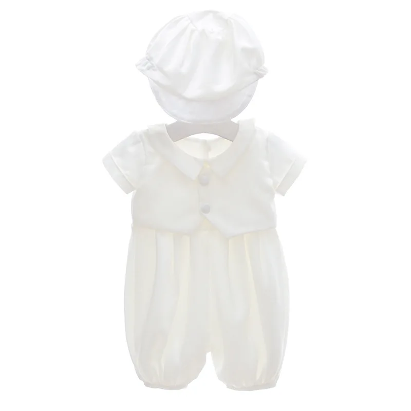 0-2 Years Baby Boys Christening Clothes Infant Toddler White Birthday Outfits with Hat 2pcs Baptism Clothing Set