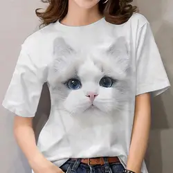 Camiseta popular europea y americana para mujer, camiseta informal de manga corta con estampado 3D de gato y mascota, top para mujer 2024