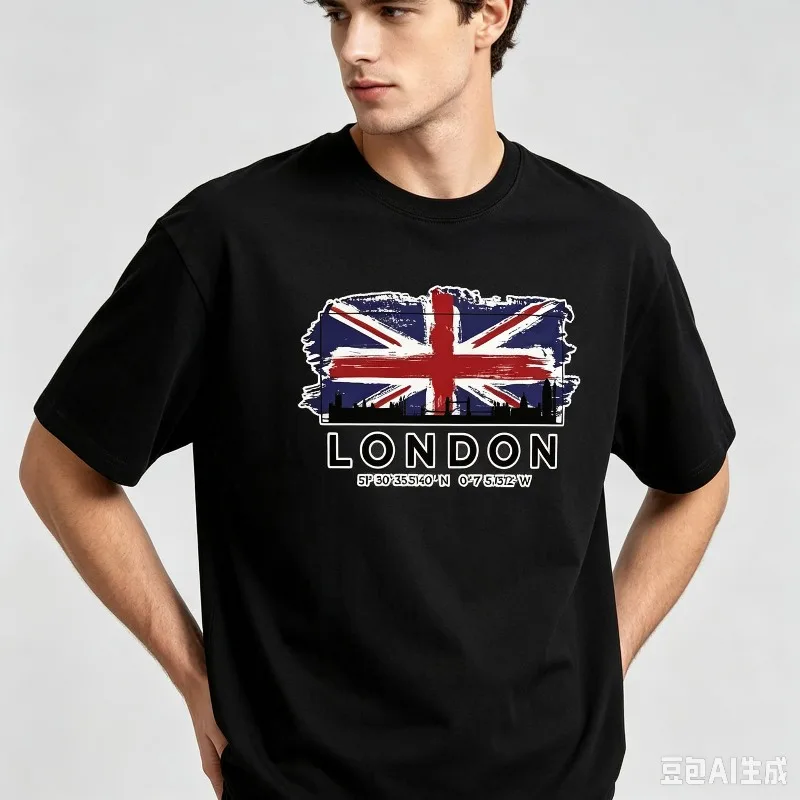 LONDON UK Flag Print Men T-Shirt 100% Cotton Short Sleeve British City Coordinates Graphic Tee For Street Casual Travel Wear