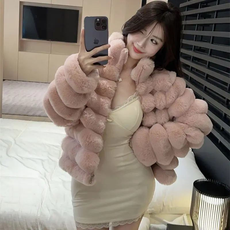 Winter New Short Faux Fox Fur Jacket Cardigan Women Casual V-neck Long Sleeve Imitation Fur Coat White  Color Pink