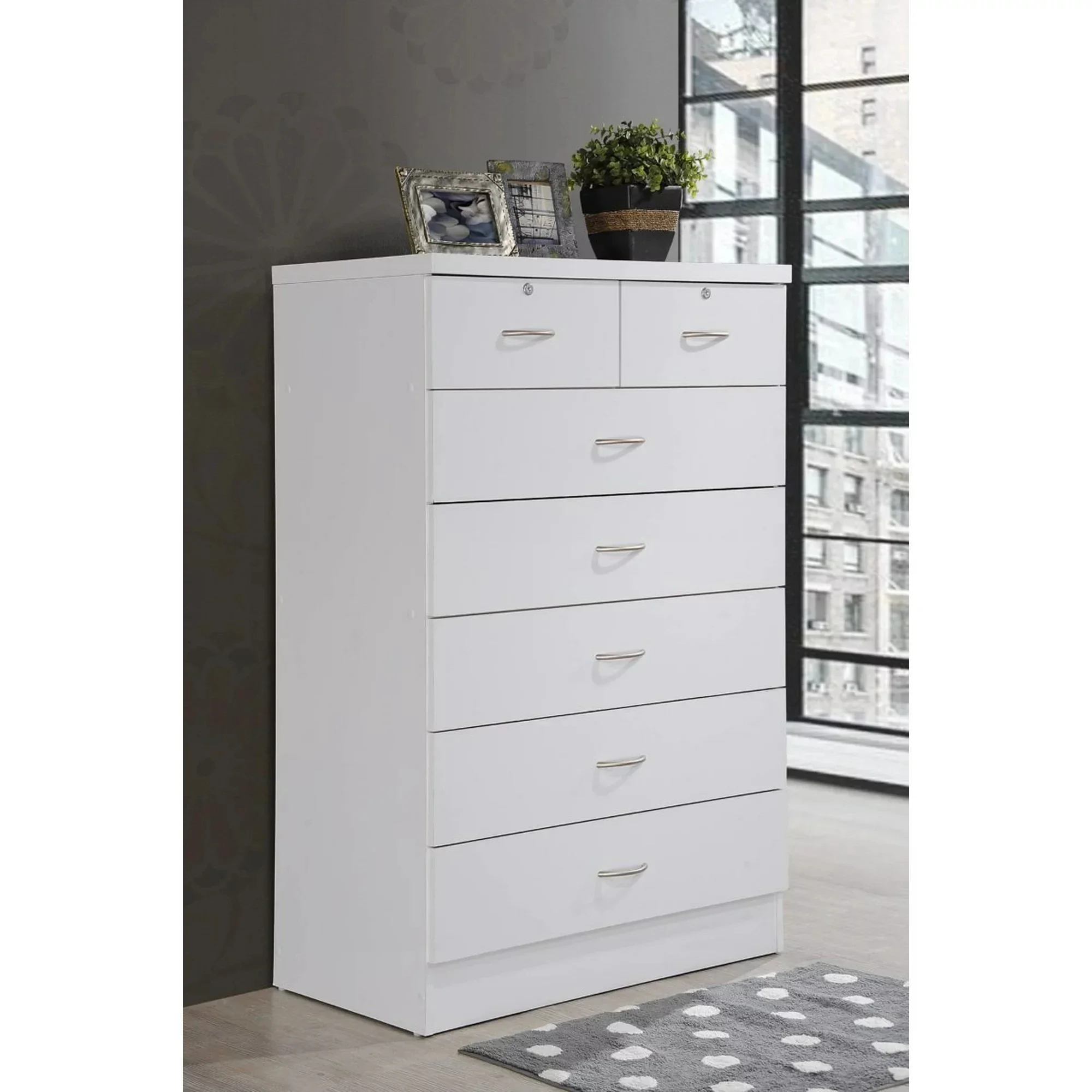 Wood 7 Drawer Storage Horizontal Dresser with Two Locks,Ring Pull Handles,Metal Rails, Mahogany/White