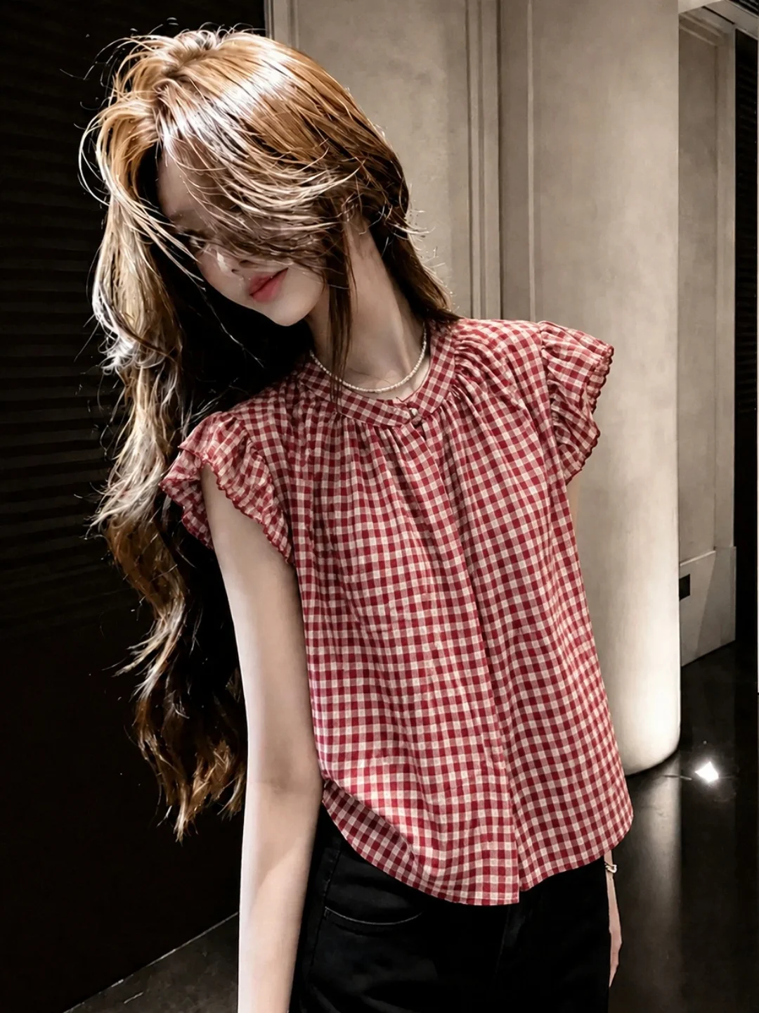 

Sweet Style Korean Shirt Women's Soft Elegant Summer Slim Fit Short Sleeve Fly Sleeve Checkered Top Floral Cardigan Casual Bl...