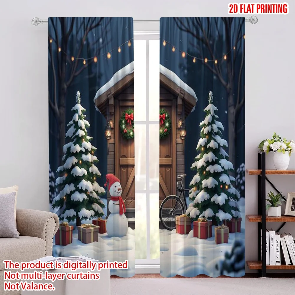 

2pcs 2D flat printing Merry Christmas Popular Drapes Starry sky snowman and sleigh Versatile Durable Polyester Without