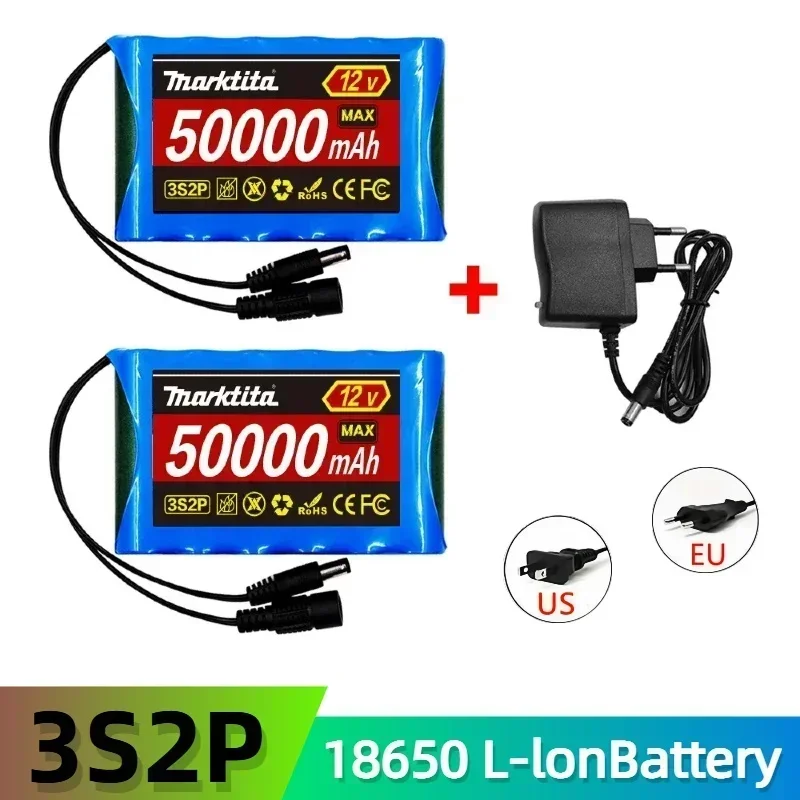 

New Portable 3S2P 12V 50000mah 18650 Rechargeable Li-Ion Battery, For LED Lamp Light fishing lights Backup Powe Etc+ Charger