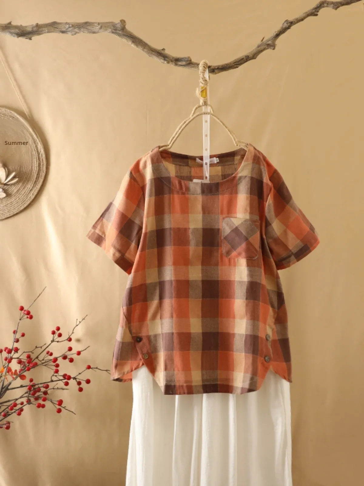 Retro Plaid Baumwolle Leinen ort Sve T-shirt Sommer plus Größe frauen Kleidung Patch ket runde Ne Gewicht Verlust Top