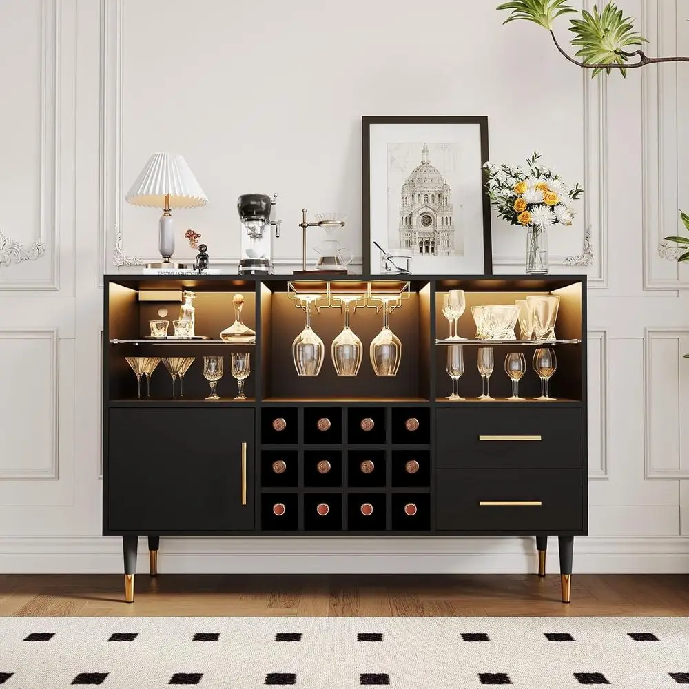 

Illuminated Wine & Liquor Cabinet with Power Outlets, Charging Station, and Glass Holder for Kitchen, Dining, or Living Room