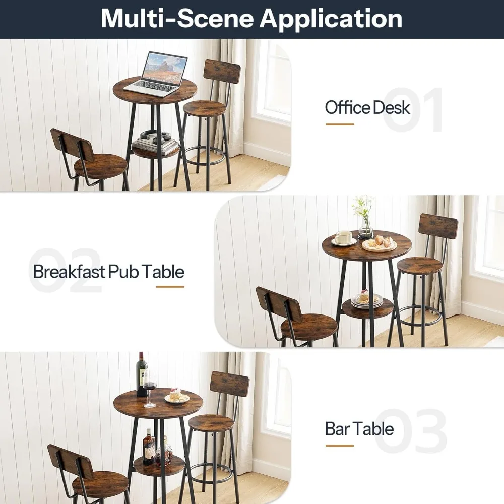 3-Piece Round Bar Height Dining Set with Chairs, Space-Saving Pub Table for Small Spaces, 2-Tier Kitchen Table