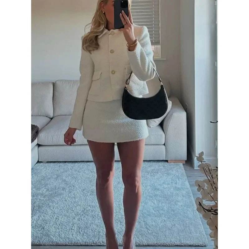 

Vintage Casual Women's Sexy Solid Color Suit Lapel Single-Breasted Pocket Cropped Top Zipper Mini Skirt Set Fashion Outfit
