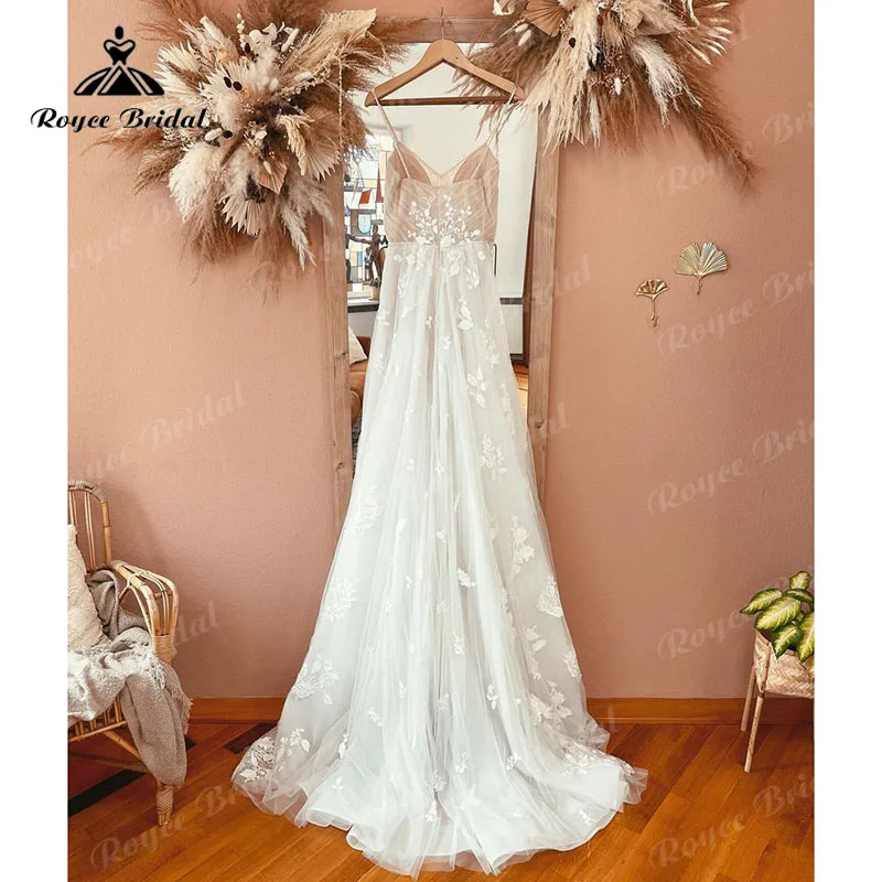 Vestido novia renda apliques v pescoço a linha boho vestido de casamento espaguete correias praia 2023 trouwjurk robe nupcial vestidos de casamento