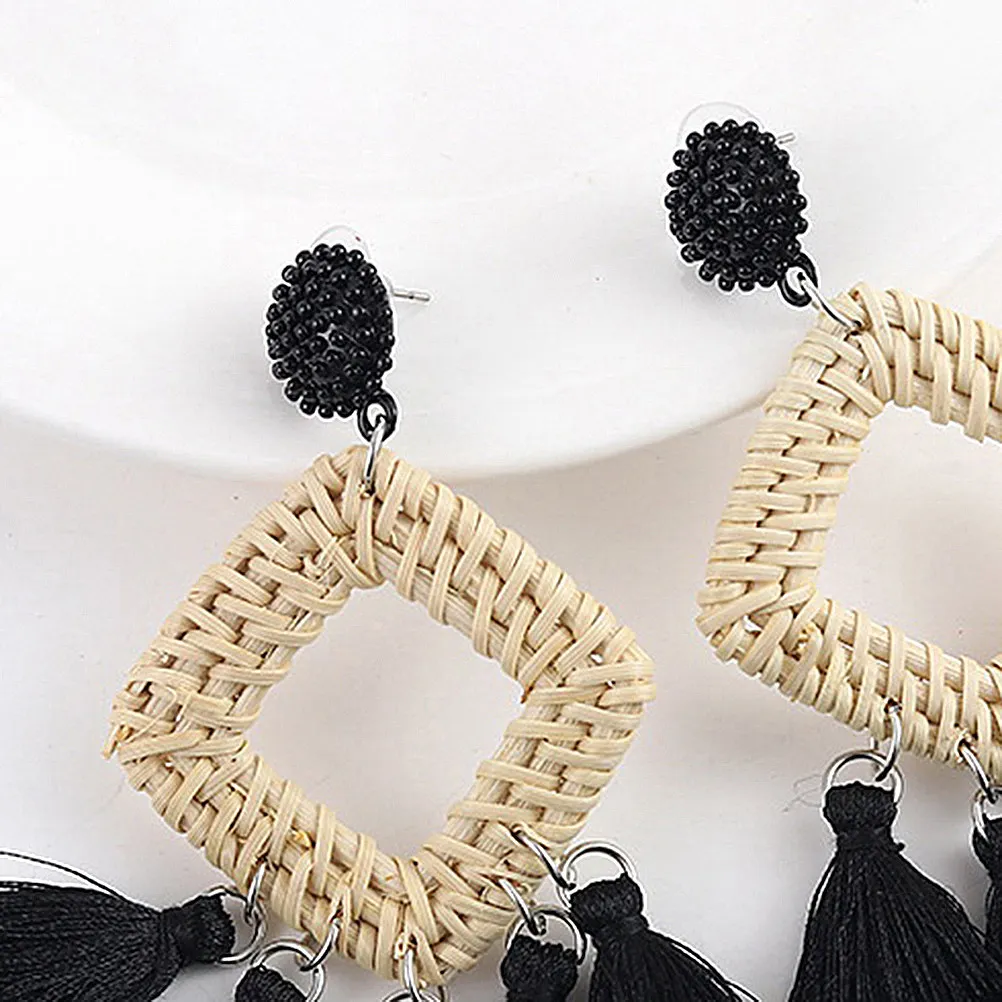 1Pair Bohemian Tassel Ear Drop Earrings Retro Rattan Black Fashion Dangler Charming Jewelry Ear Dangle Tassel Dangler