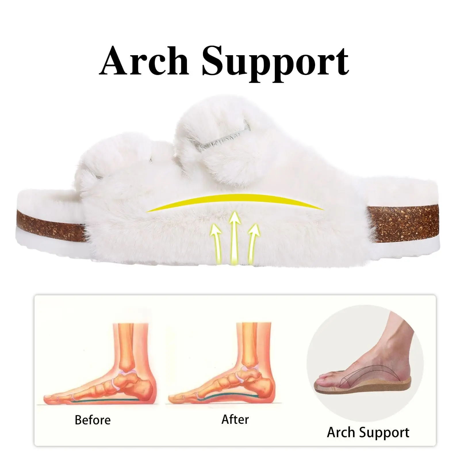Evshine Pelz-Hausschuhe aus Fuzzy-Kork für Damen, bequeme Fußgewölbeunterstützung, flauschige offene Zehensandalen, modische, verstellbare Schnalle, flache Hausrutschen