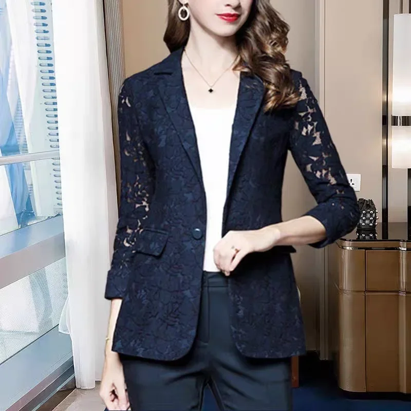 Women Lace Hollow Out Thin Blazers Elegant Single Button Long Sleeve Casual Suits Spring Summer New Fashion Oversized Blazers