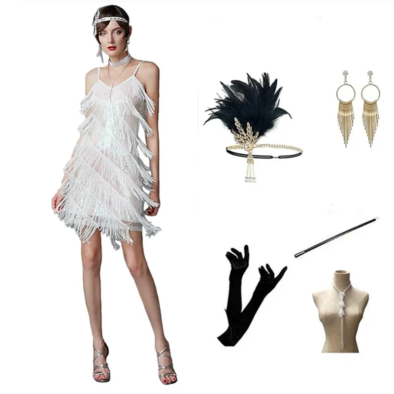 Women's Fringe Mini Dress Set 1920 Vintage Gatsby Dress Latin Dance Dress Ballroom Dancing Costume With Accessories 6-piece Set