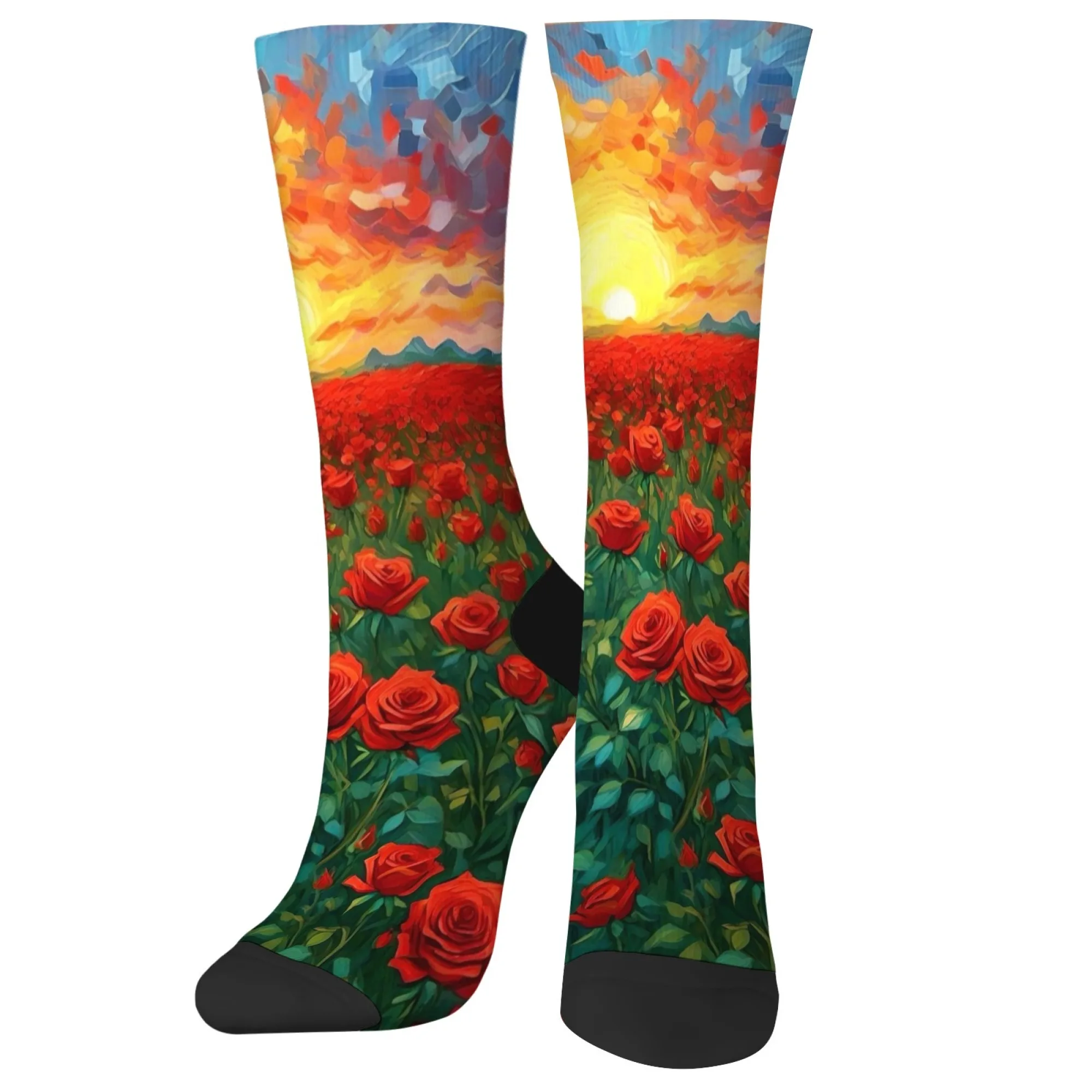 

Vintage Colorful Artistic Rose Field Socks，Sunset Sky Painterly Design，Vibrant Floral Crew Socks for Nature & Art Lovers