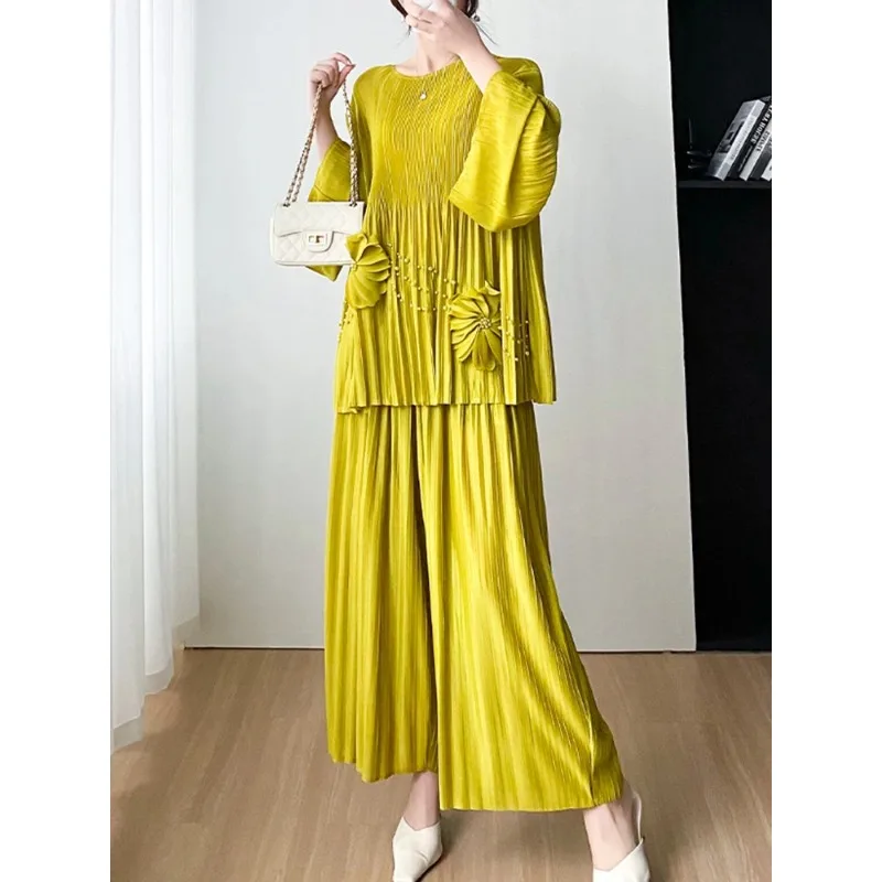 YUDX Miyake Pleated 2 Pieces Set Women Beading Full Flare Sleeve Loose 3D Flowers Top + Wide Leg Trousers New 2024 Spring