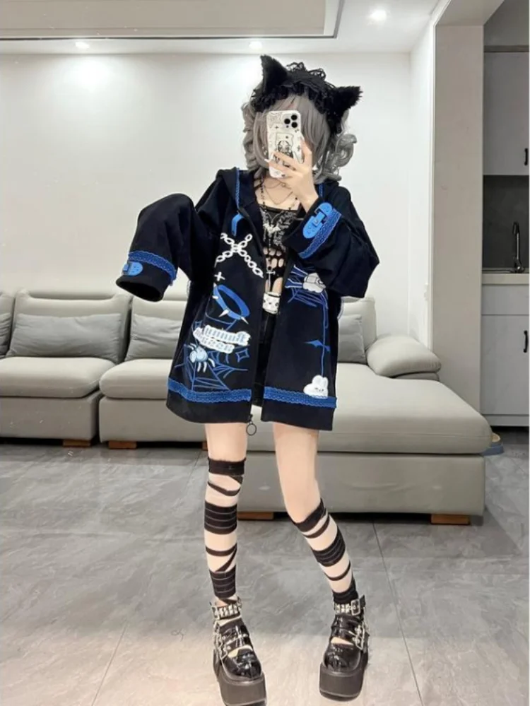 Harajuku Kawaii Hoodies Women Y2k Aesthetic Grunge Tops 2024 Loose Casual Zip Up Sweatshirt Rabbit Ear Cartoon Print Streetwear