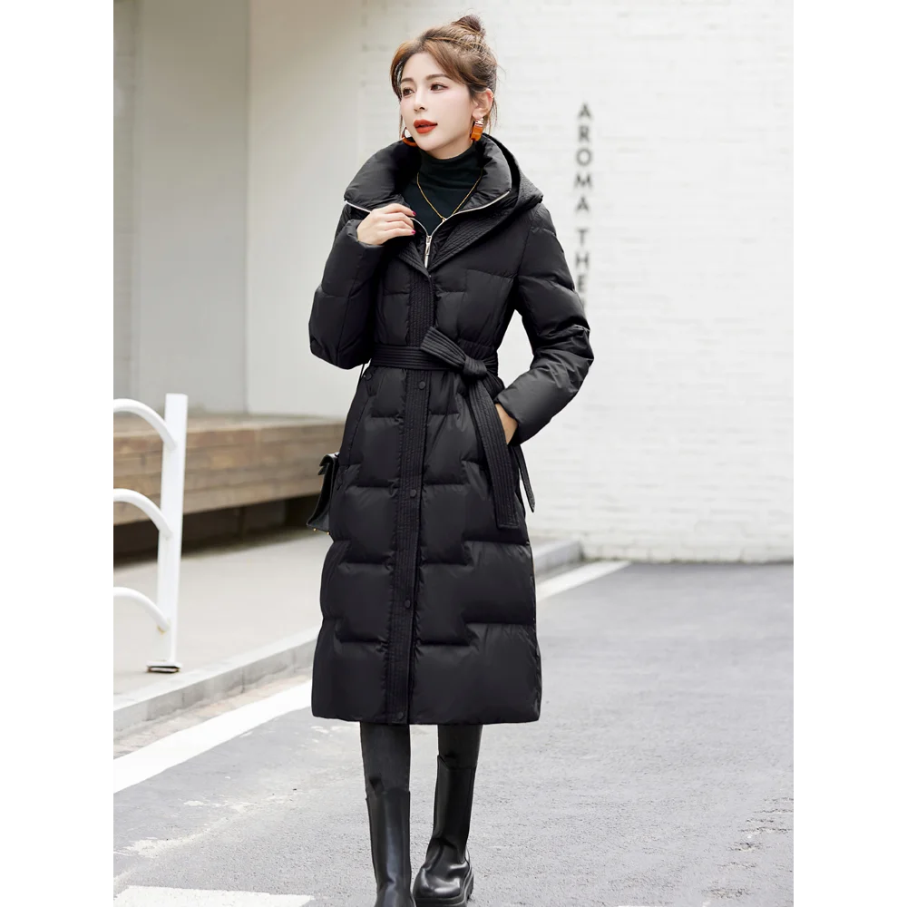 Slim White Goose Down Jacket for Women, Thick Winter Jacket, Hooded Collar, Waist Section, Temperament, New