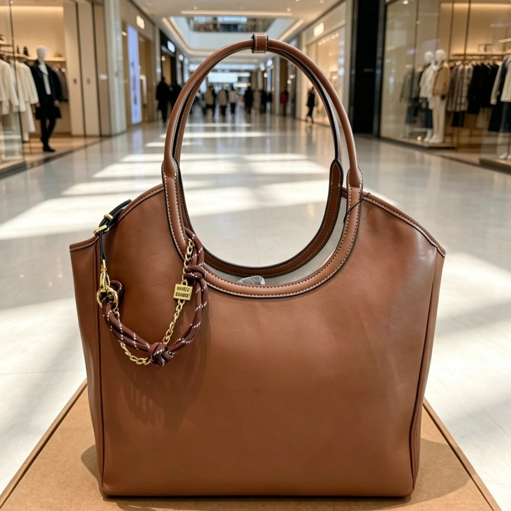

Vintage Brown Genuine Leather Tote Purse for Ladies,Elegant Womens Shoulder Handbag with Ornament Chain