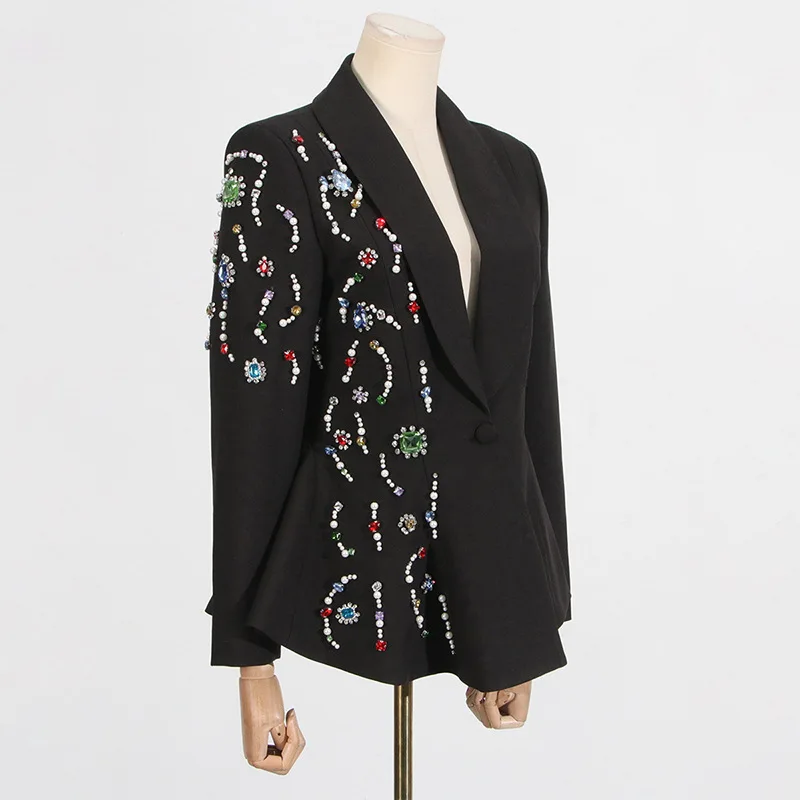 HKSH خريف جديد إمرأة عصري شارع العليا أنيق شيك كم طويل زر واحد سليم صالح رصع الماس الملونة السترة HK8453