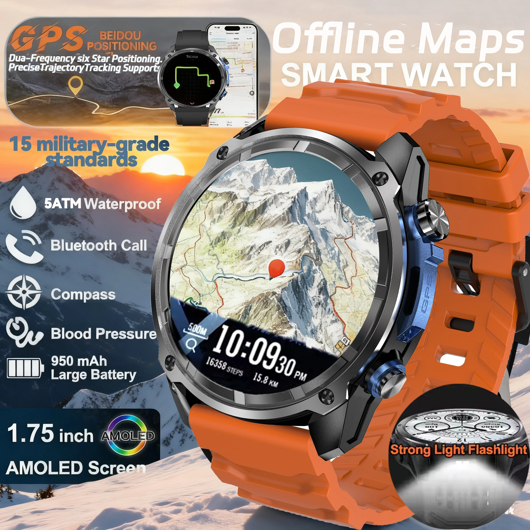 

T-Rex Tactical Smartwatch for Men Built-in GPS Offline Map 4GB Memory 10ATM IP69K Swimming Waterproof Smart Bracele 2025 New