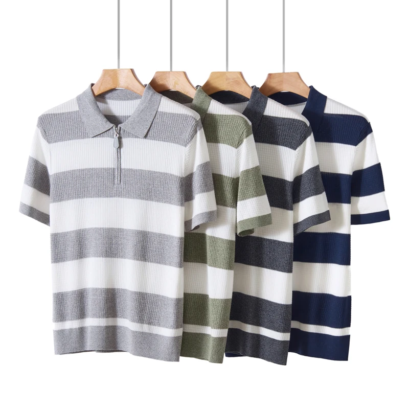 Men's Comfortable Breathable Stripe Polo T-Shirt Short Sleeve Half Zip Collar Fashion Basic Fit for Business Casual Versatile