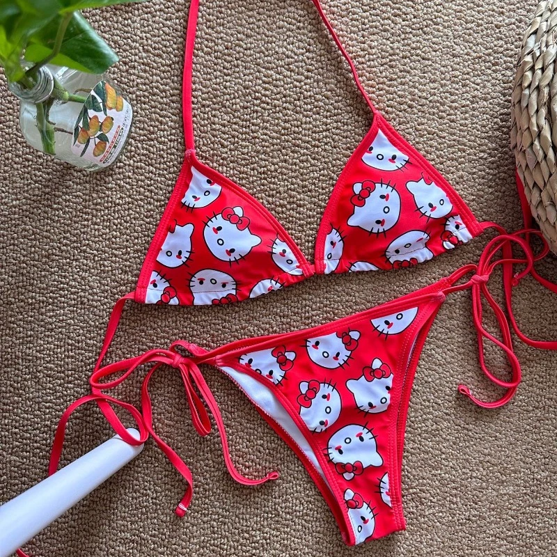 Sanrio Hello Kitty Women Bikini Set Anime Sexy Swimsuit Two Pieces Swimwear Beachwear Bathing Suit Female Erotic Lingerie Gift