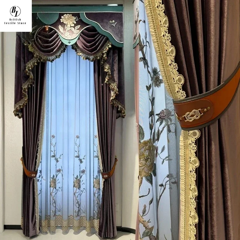Custom Size！！Countryside Embroidered Gauze Elegant Purple Velvet Lace Splicing Thickened Curtains for Living Dining Room Bedroom