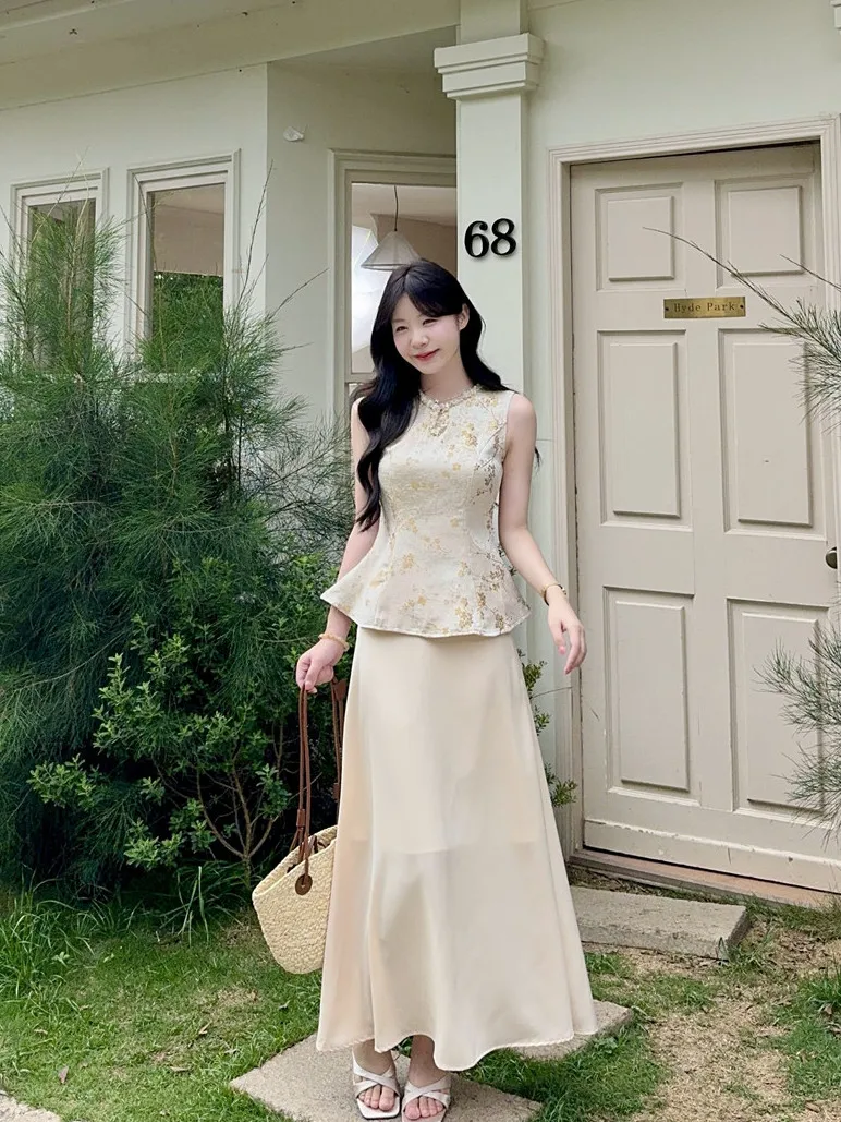 

Kumikumi Chinese Style Floral Print Sleeveless Top Women's Loose Slimming Midi Skirt Two-Piece Set Spring Fashion Ensemble