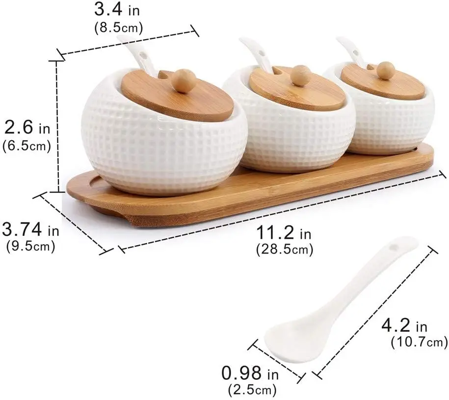 Ceramic Spice Jar with Lid - Bamboo lid holder, ceramic spoon, wooden tray, best for home, kitchen use