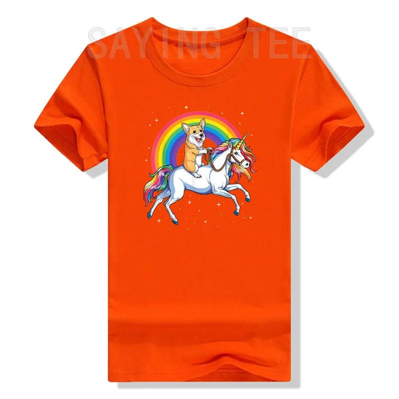 Corgi Unicorn Riding Dinosaur T Rex T-Shirt Cute Kids Boys Girls Rainbow Gift Corgicorn Space Galaxy Graphic Tee Aesthetic Tops