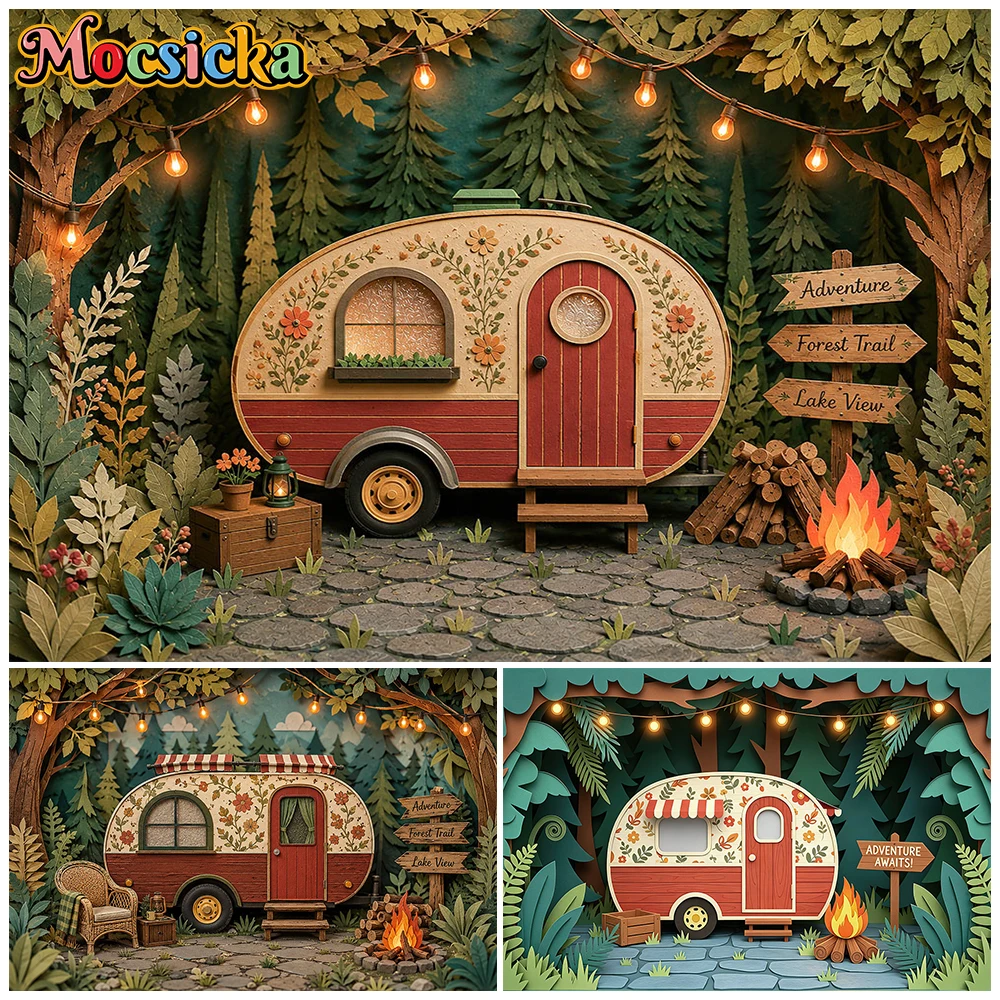 Mocsicka Woodland Rv Photography Backdrop Forest Camper Van Camping Campfire String Lights Kids Adventure Photo Booth Background