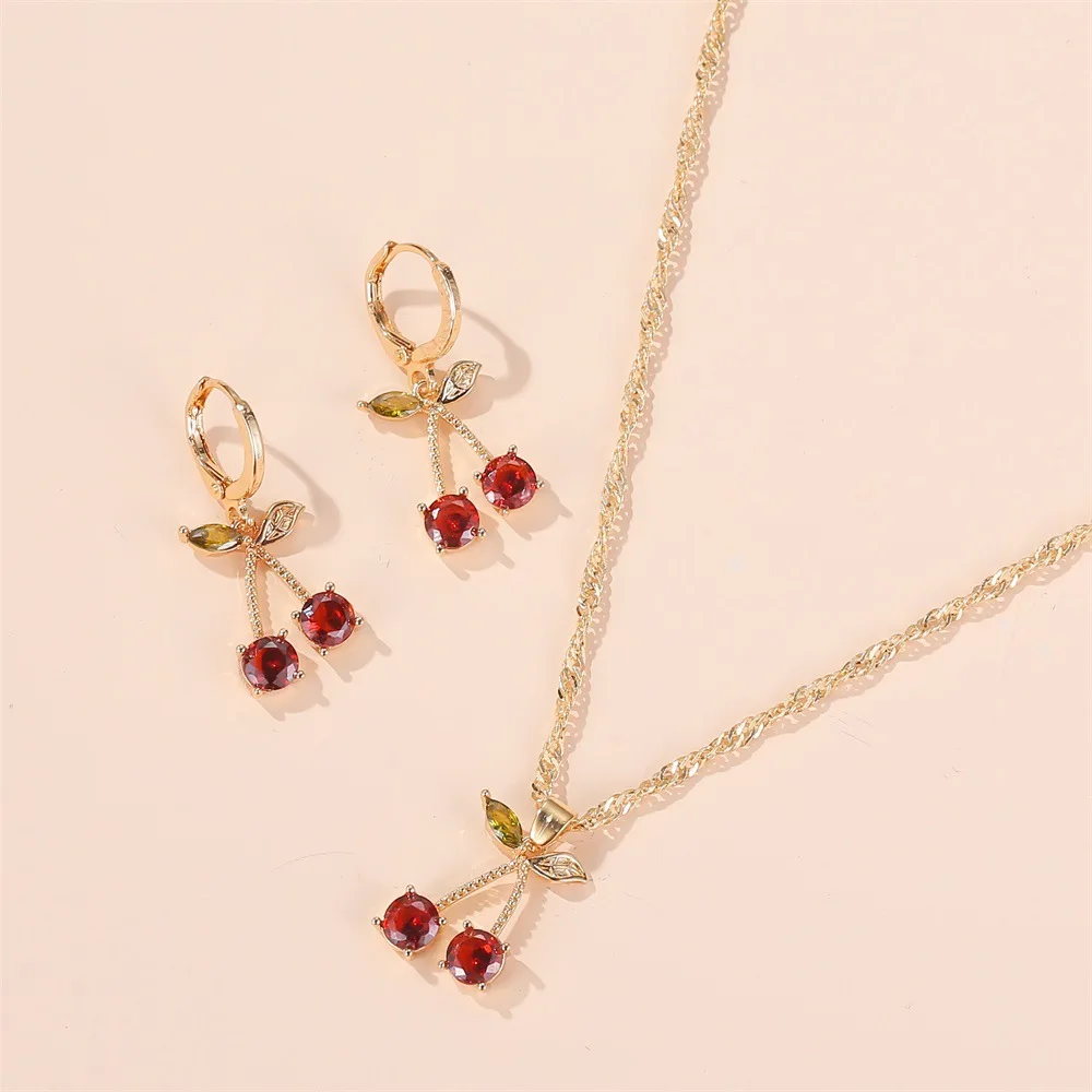 Luxury Wedding Dinner Party Temperament Jewelry Sets Bright Red Crystal Cherry Heart Pendant Necklace and Drop Earring for Women