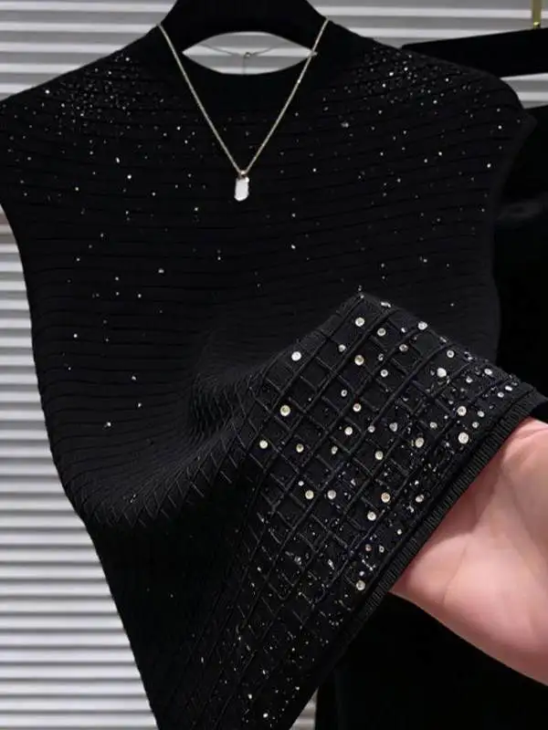 Casual Style Women's Knitted Vest Half High Collar Heavy Rhinestone Spring Summer New Fashion Upper Body Light Maturity Trend