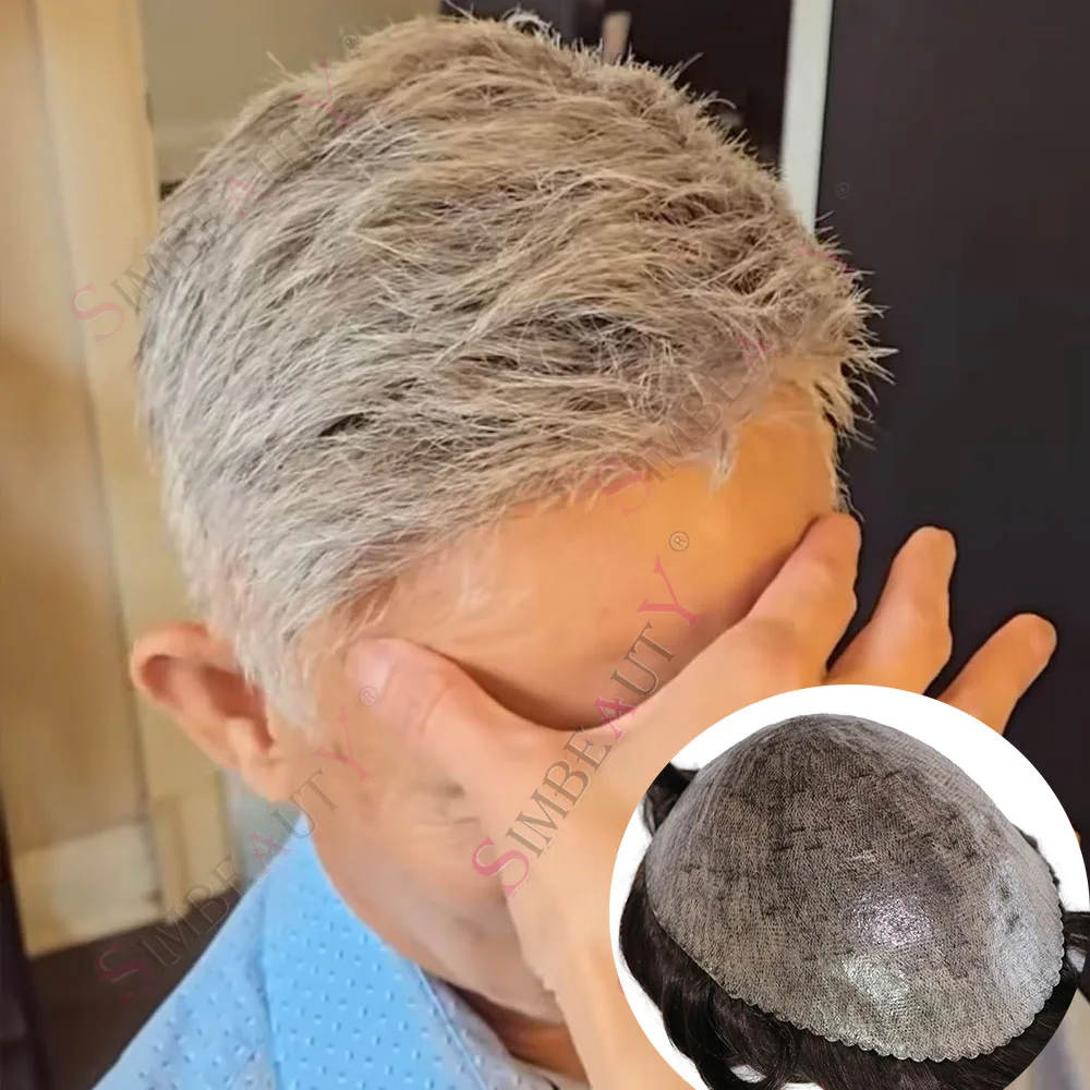 วิกผมผู้ชาย ผมแท้ 100% สีดำเทา 1b40 1b50 1b65 1b80  ผิวบาง 0.1 มม. แบบฉีด PU สำหรับผู้สูงอายุ สีน้ำตาล