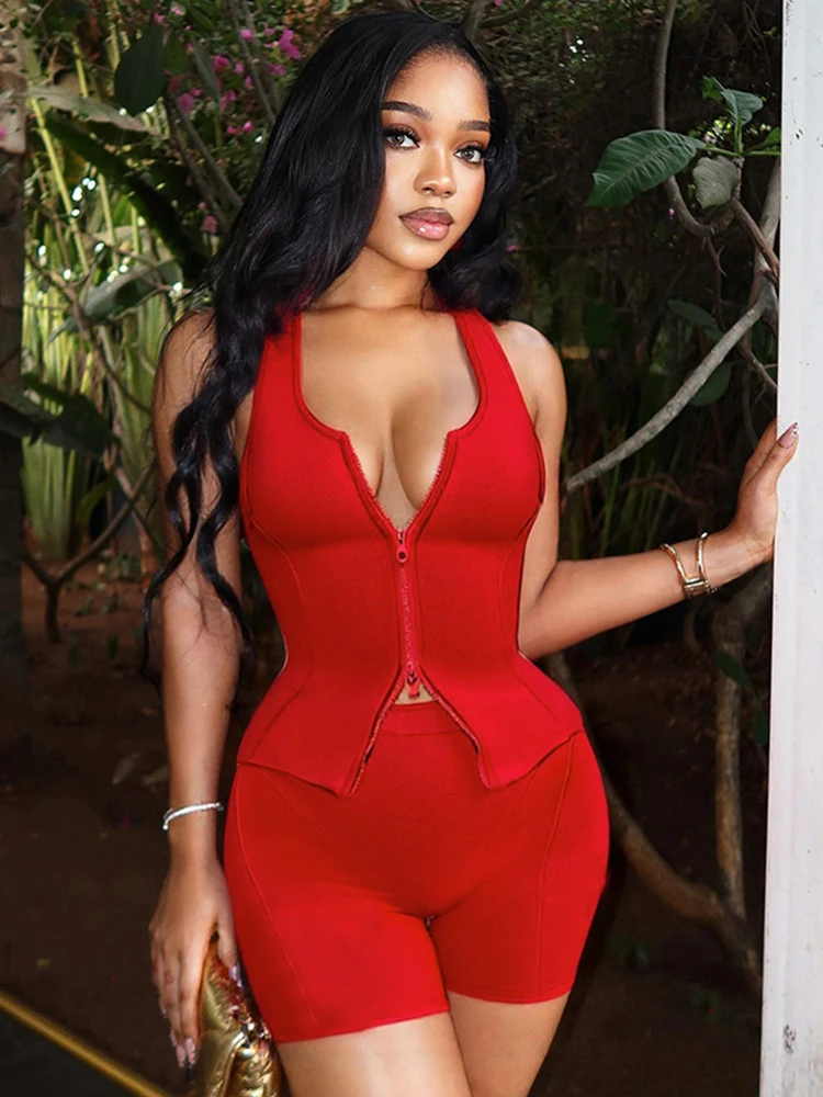 

Женский спортивный сексуальный комплект из двух предметов, шорты, лето 2025 года, майка без рукавов на молнии с короткими леггинсами, спортивный костюм High Street