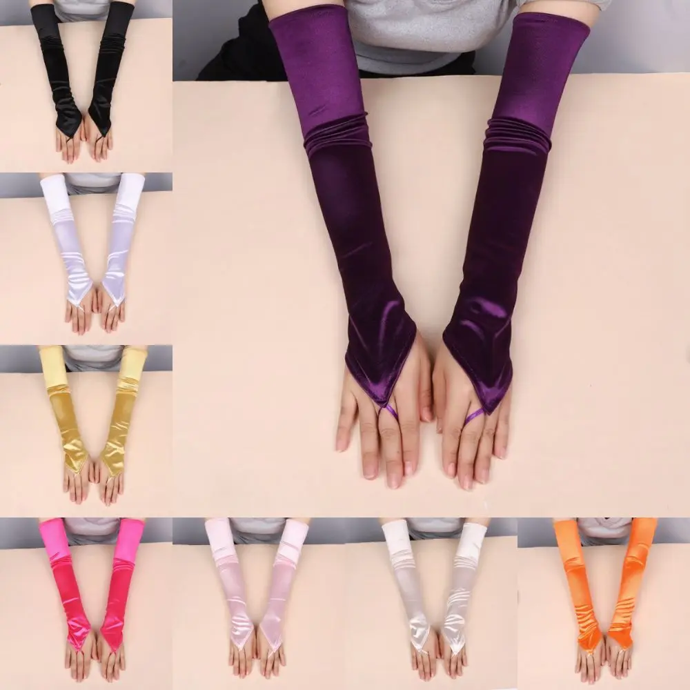New 49CM Women Gloves Solid Retro Elasticity Hook Finger Gloves Stage Performance Satin Long Fingerless Gloves Wedding Bride