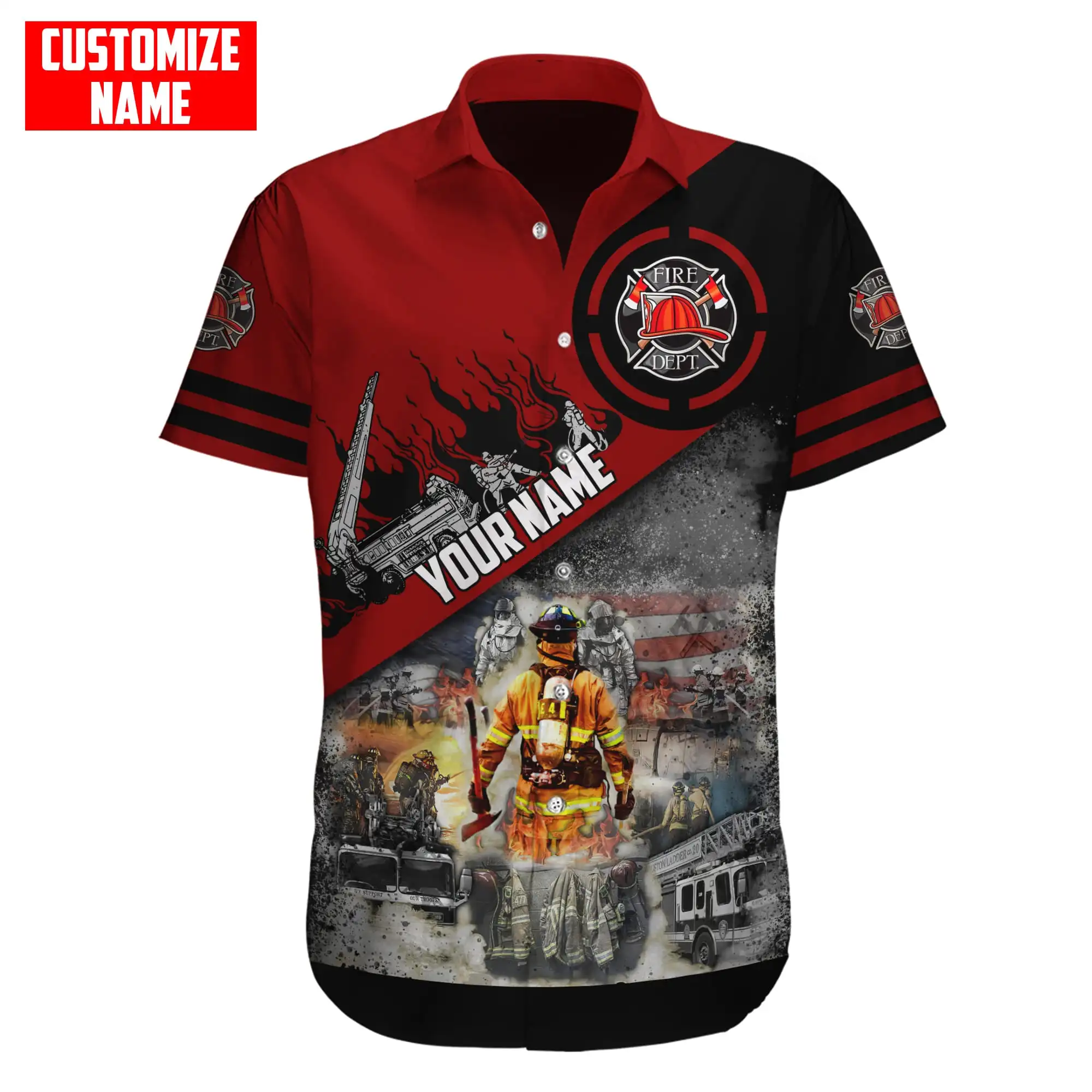 Hawaiian beach summer Short sleeve shirt Customize Name Brave Firefighter 3D Printed Mens Shirt Casual Harajuku Tee shirts DXC01