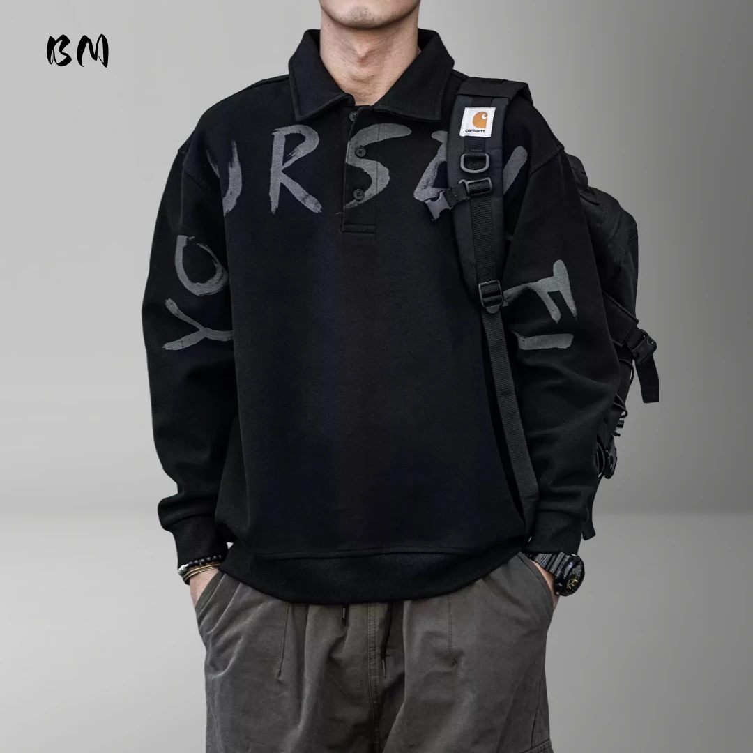 

Мужская корейская уличная рубашка-поло, толстовка с длинным рукавом, пуловер большого размера, топ, весна-осень, повседневный топ с буквенным принтом, черный, большие размеры