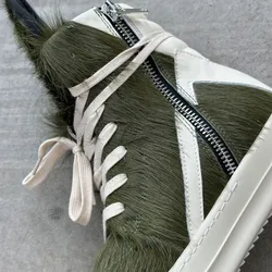 Ro Classic Design Men Shoe Horse Hair Women Boots High Top Sneaker Army Green Horsehair Shoes Leather Sneakers Zipper Ankle Boot