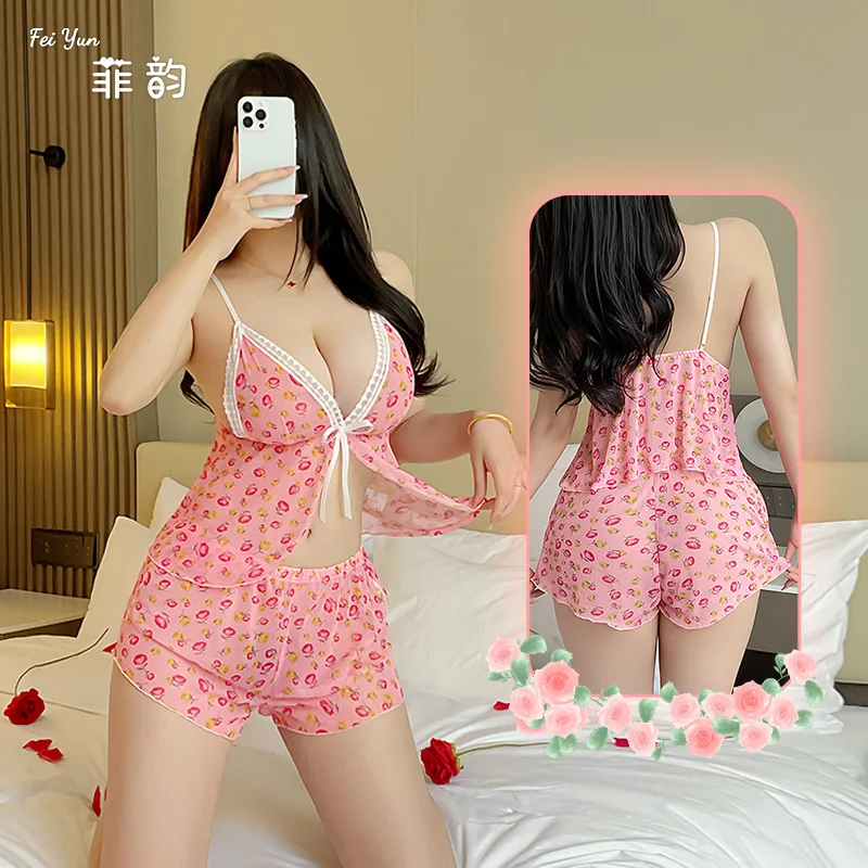 인터넷 셀럽 스타일 섹시 란제리 로즈 플로럴 탑 숏츠 투피스 세트 핑크 메쉬 레이스 브이넥 플레이풀 세트